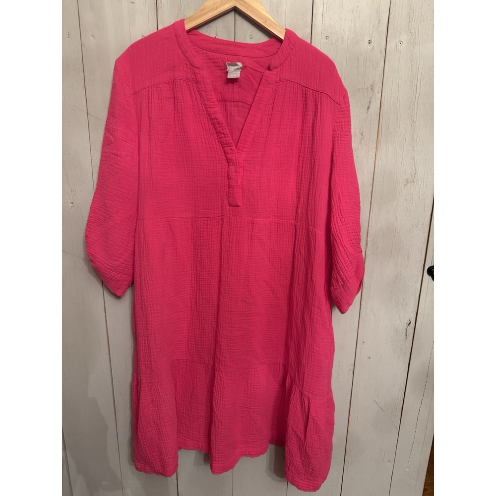 Woman's Chico Pink cotton crinkle gauze tiered Dress S-2 Lg 3/4 Sleeve